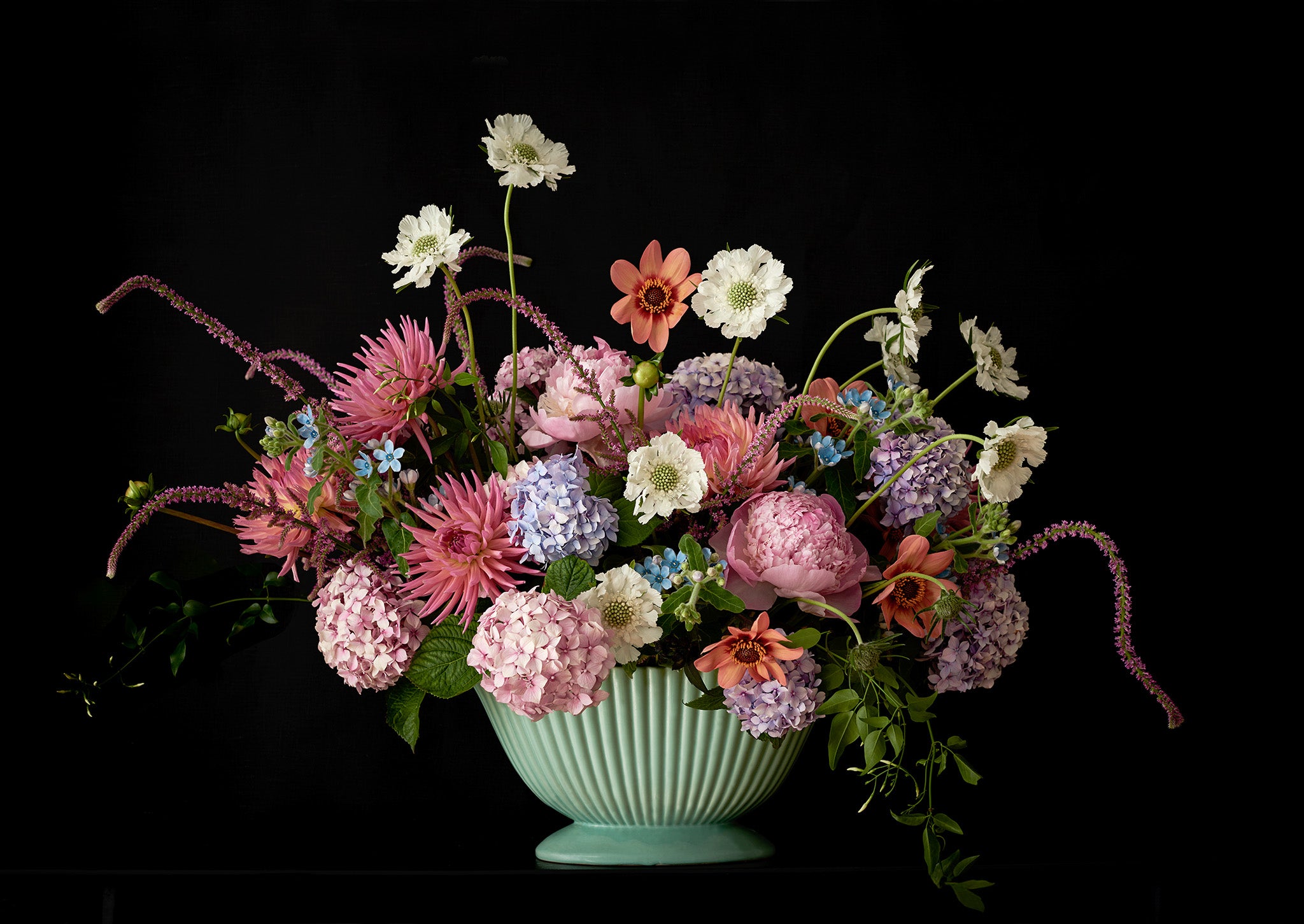 Limited Edition "Betsy" Fine Art Photographic Print, Flower Arrangement in a Sea Green Vintage Ribbed Mantle Vase on Black Background. 
