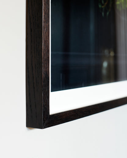 Corner detail of Bespoke Gallery Quality Black Wood Box Spacer Frame With Anti-Reflect ArtGlass.