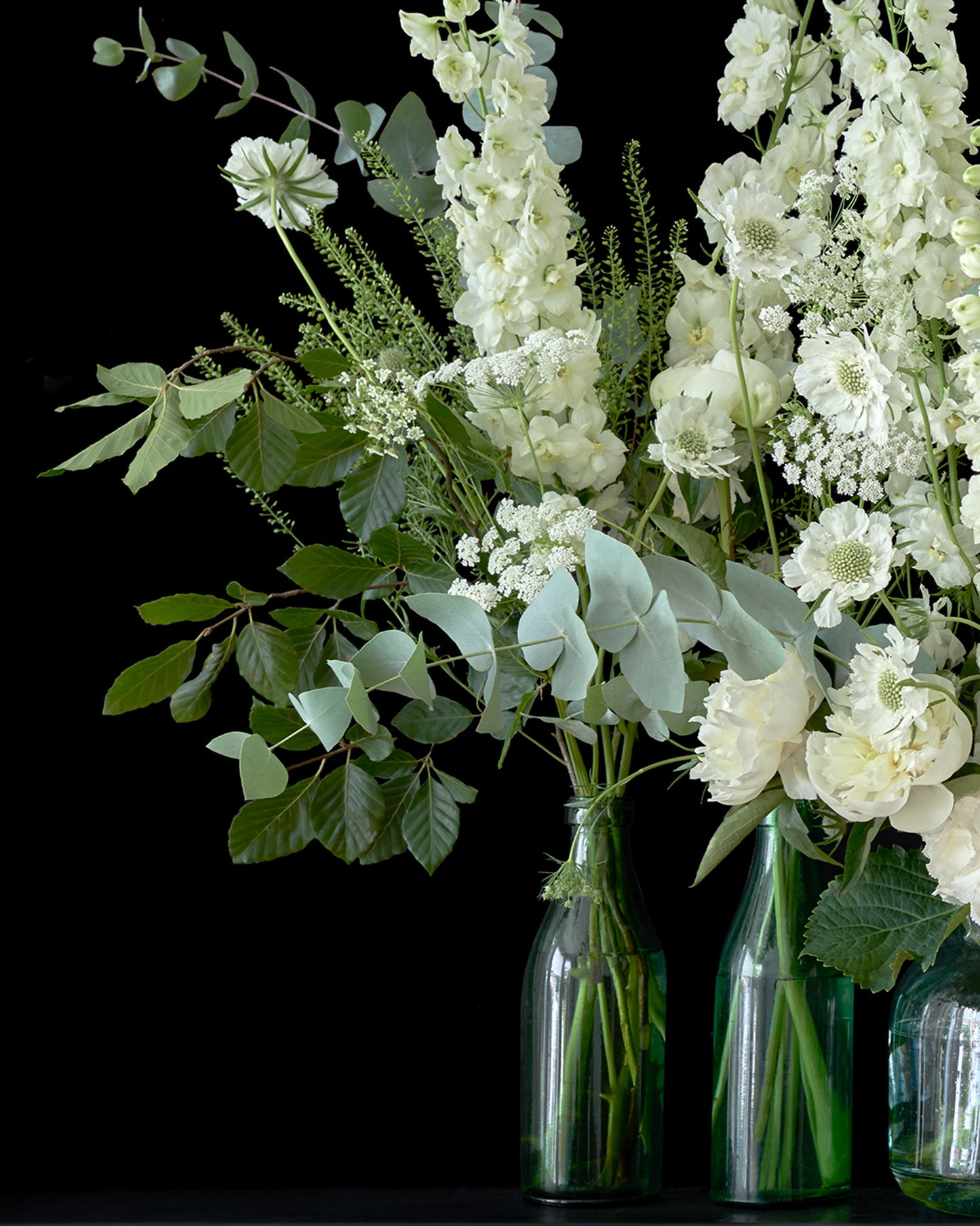 Detail of Limited Edition 'Cecily' Fine Art Print, White Flower Arrangement on Black Background