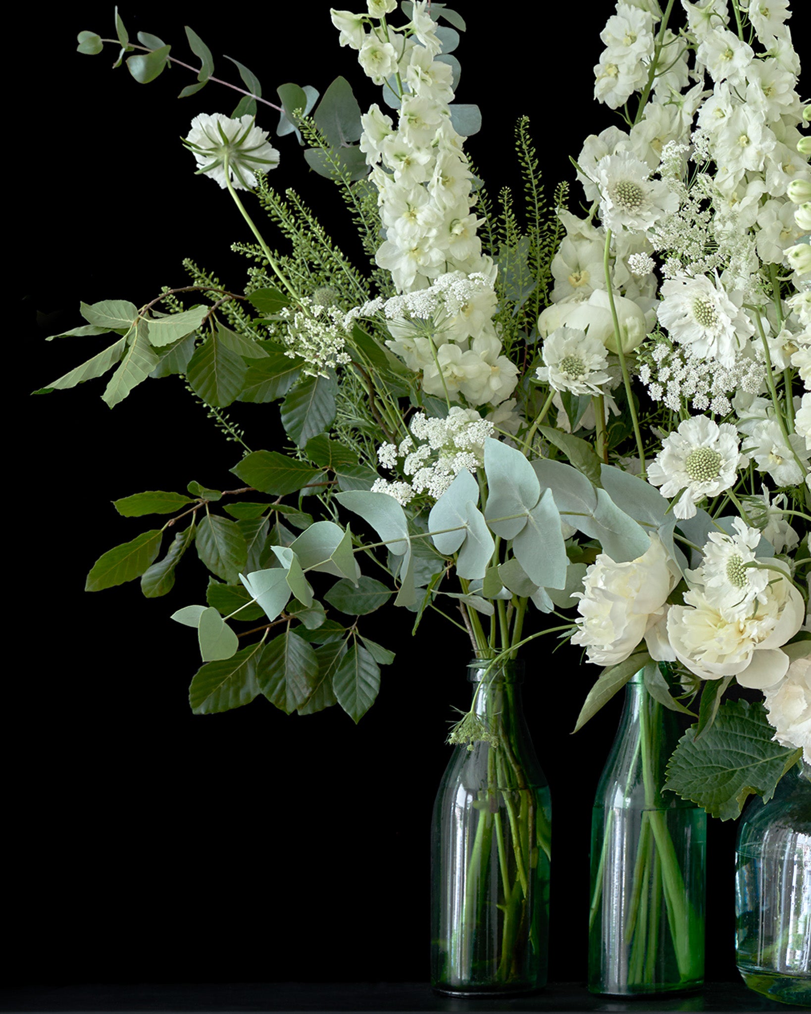 Detail of Limited Edition 'Cecily' Fine Art Print, White Flower Arrangement on Black Background