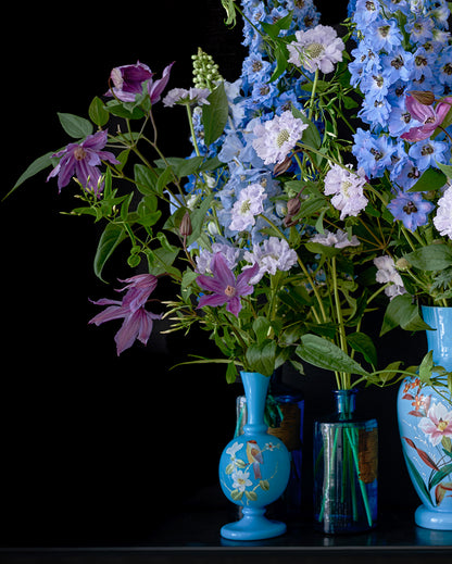 Detail of Limited Edition "Delphine" Fine Art Photographic Print, Purple & Blue Flower Arrangement in Hand Painted Vases on Black Background